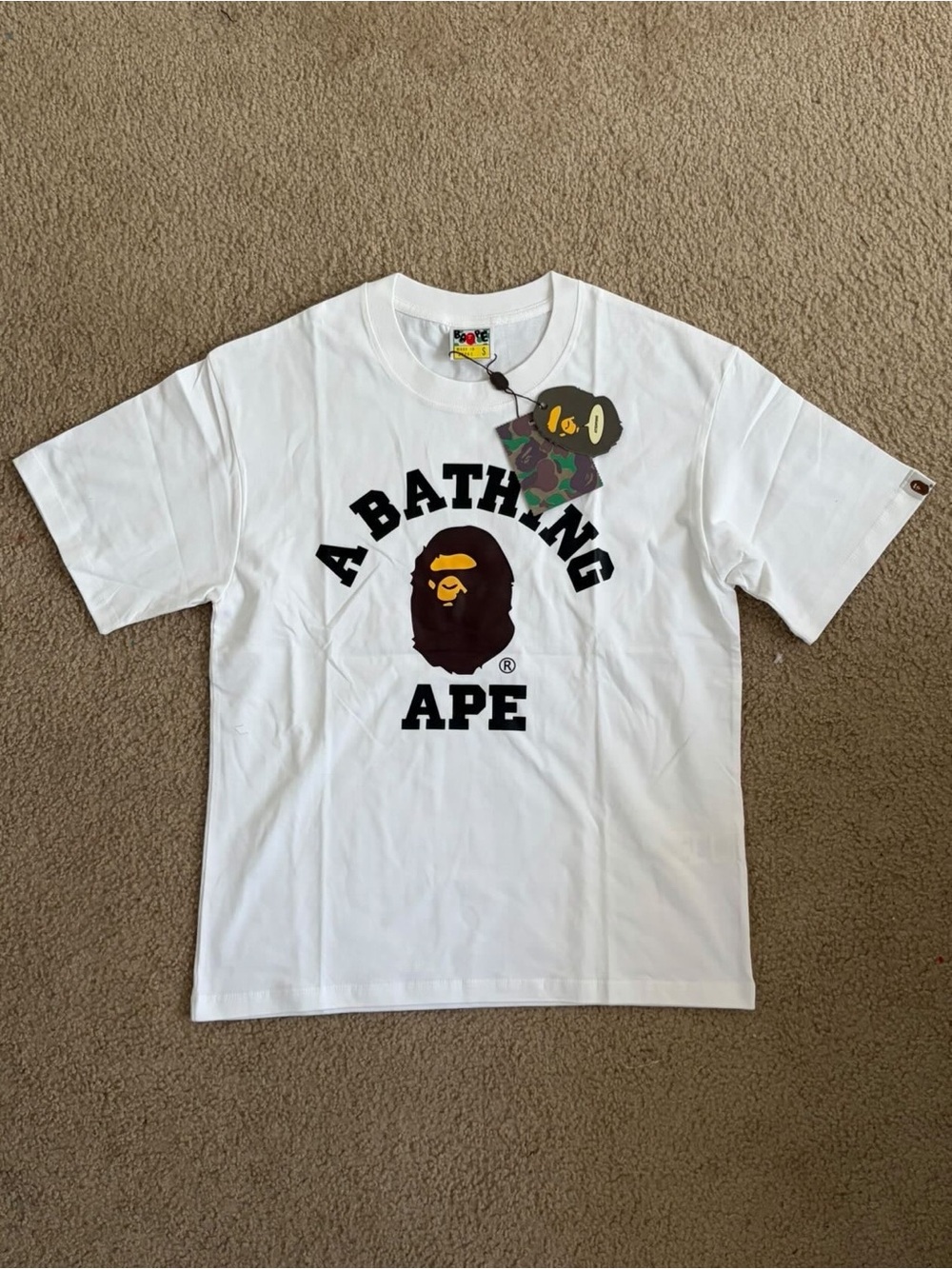 Bape White Graphic Logo Tee with Brown Ape Head